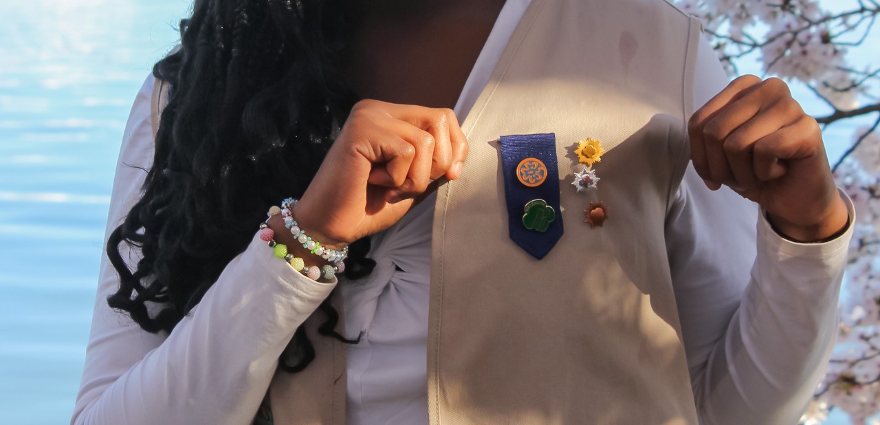 Close up of a Girl Scout vest with all the higher awards